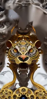 Intricate metallic tiger design with golden elements for phone wallpaper.