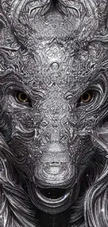 Intricate metallic design of a wolf-themed mobile wallpaper with silver tones.