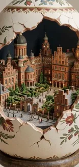 Intricate miniature city inside a decorative egg with floral patterns.
