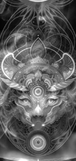 Intricate black and white animal face design on a celestial-themed wallpaper.