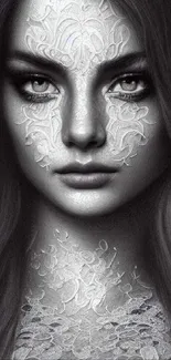 Intricate monochrome portrait art with detailed patterns on a woman's face.