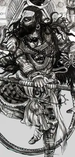 Intricate monochrome warrior design in grayscale.