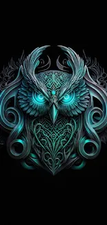 Intricate teal owl art on black background.