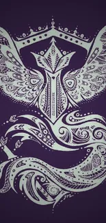 Intricate owl with crown on purple background wallpaper.