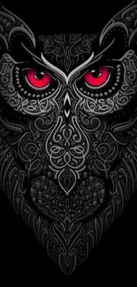 Intricately designed owl with red eyes on a black background wallpaper.