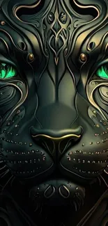 Intricate panther design with glowing green eyes in digital art style.