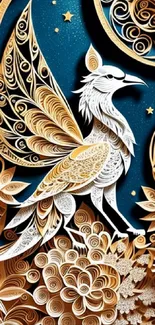 Intricate gold and white paper art bird with ornate design.