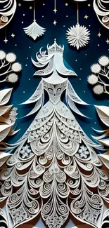 Intricate paper art design featuring a regal figure with cosmic and floral elements.