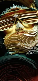 Intricate paper art wallpaper with dark green and gold layers.