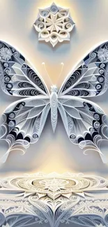 Intricate paper cut butterfly design on a light grey background.