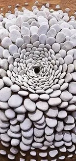 Pebble spiral pattern on earthy background.