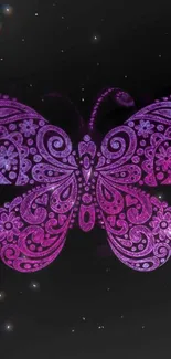 Intricate purple butterfly design on dark background.