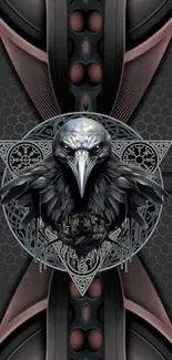 Intricate abstract raven design on a dark background.