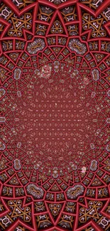 Intricate red geometric pattern wallpaper.