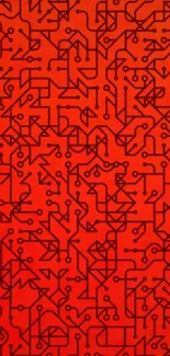 Intricate red geometric wallpaper with circuit-like patterns.