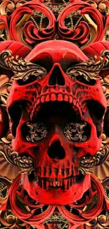 Intricate red skull with gothic patterns on phone wallpaper.