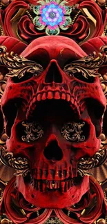 Intricate red skull with artistic details for mobile wallpaper.