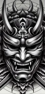 Intricate black and white samurai mask design with bold lines.