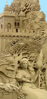 Intricate sandcastle with fantasy sculpture design in sand tones.