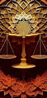 Intricate golden scales of justice with fiery abstract background.