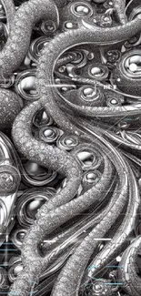 Intricate silver abstract art with swirling patterns and metallic textures.