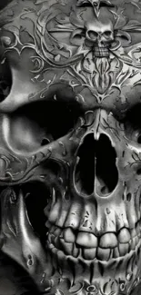 Intricate skull art with detailed engravings in monochrome.