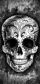 Intricate black and white skull art on a dark background for mobile wallpaper.