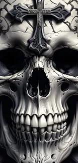 Detailed gothic skull with metallic cross wallpaper.