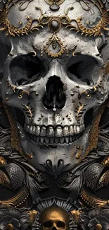 Intricate skull design with gold accents on a black background.