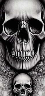 Intricate black and white skull art mobile wallpaper with detailed design.