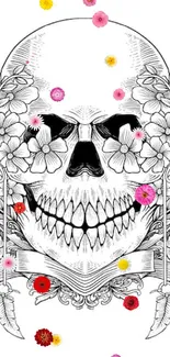 Intricate skull design with flowers on a white background.