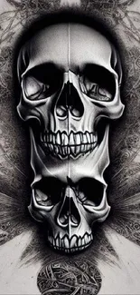 Intricate skull design with detailed artwork in grayscale for mobile wallpaper.