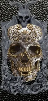 Intricate skull with golden details in gothic style on a dark background.