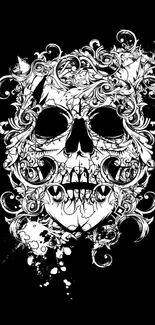 Intricate skull with floral designs on a black background wallpaper.