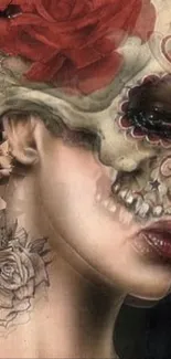 Intricate skull art with roses and surreal design on wallpaper.