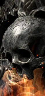 Realistic skull carving on dark wallpaper.