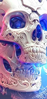 Intricate skull art with blue highlights on mobile wallpaper.