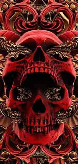 Intricate red and gold skull design wallpaper for mobile.