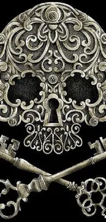 Intricate skull with keys on a black background wallpaper.