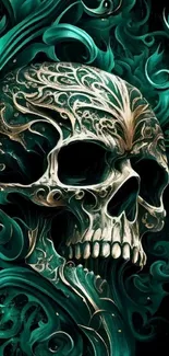 Intricate skull design with swirling teal patterns on a dark background.