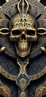 Intricate gold and black skull design wallpaper for phones.