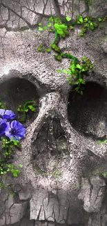 Intriguing skull adorned with green vines and blue flowers on a textured background.