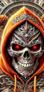 Intricate skull in hooded orange cloak with red eyes, detailed artwork.