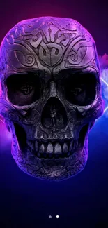 Intricate skull with neon purple background on mobile wallpaper.