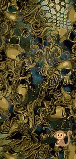 Intricate wallpaper with skull pattern in dark olive and blue tones.