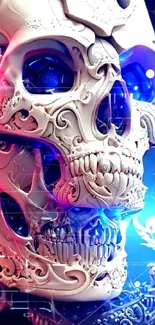 Intricate skull with glowing blue elements.