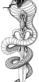 Intricate black and white drawing of a snake and dagger design.