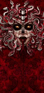 Gothic skull with snakes on dark red background.