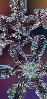 Close-up of an intricate snowflake crystal on a colorful blurred background.