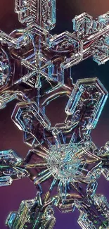 Close-up view of a detailed snowflake on a colorful background.